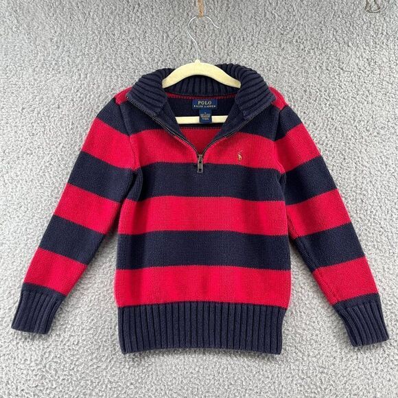 Ralph Lauren Striped Cotton Interlock Pullover Boys size 5 red navy blue stripe - Picture 1 of 12